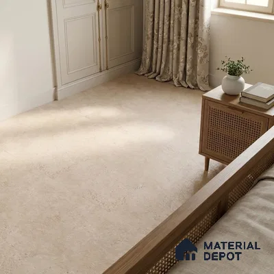 Traditional Bedroom with Cream Limestone-Look Floor Tile