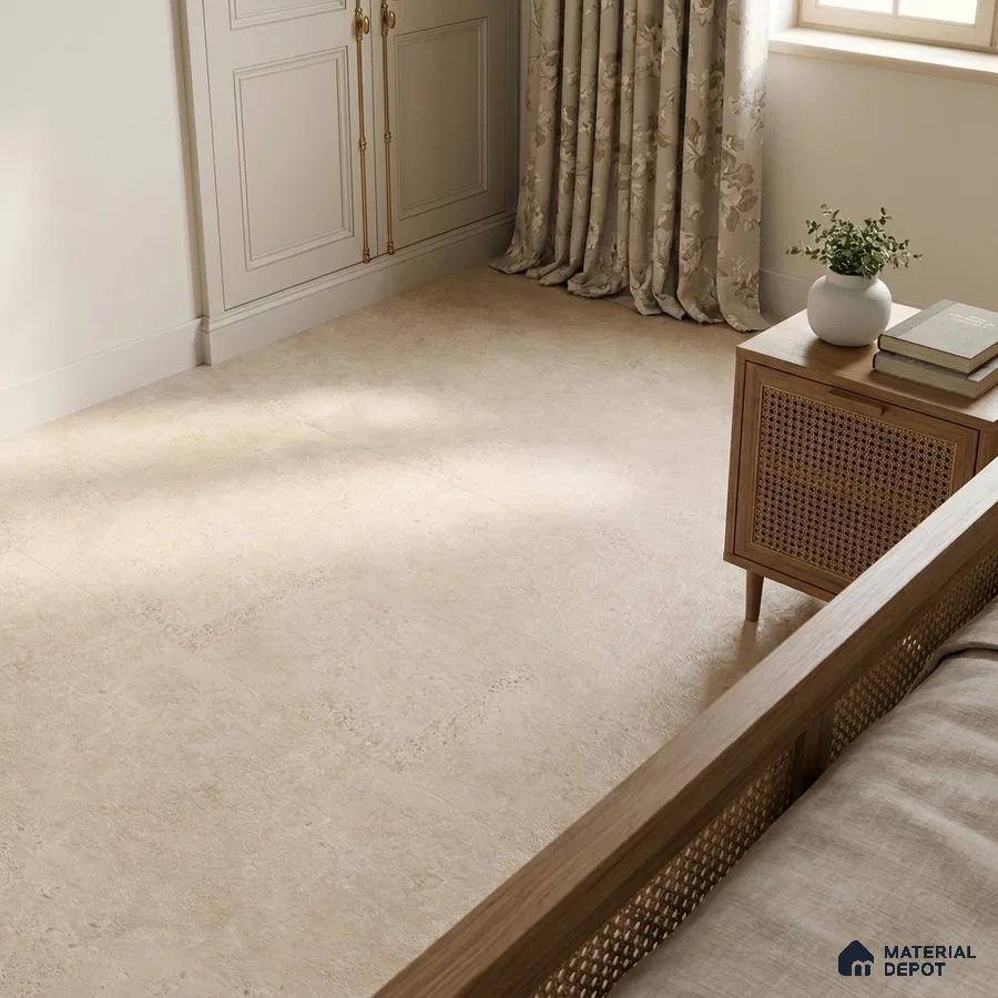 Traditional Bedroom with Cream Limestone-Look Floor Tile