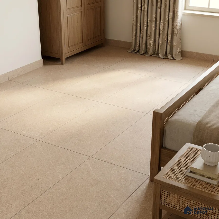 Traditional Bedroom with Warm Beige Limestone-Look Floor Tile