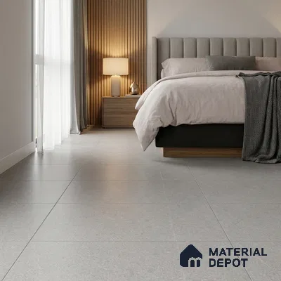 Modern Bedroom with Light Grey Stone-Look Floor Tile
