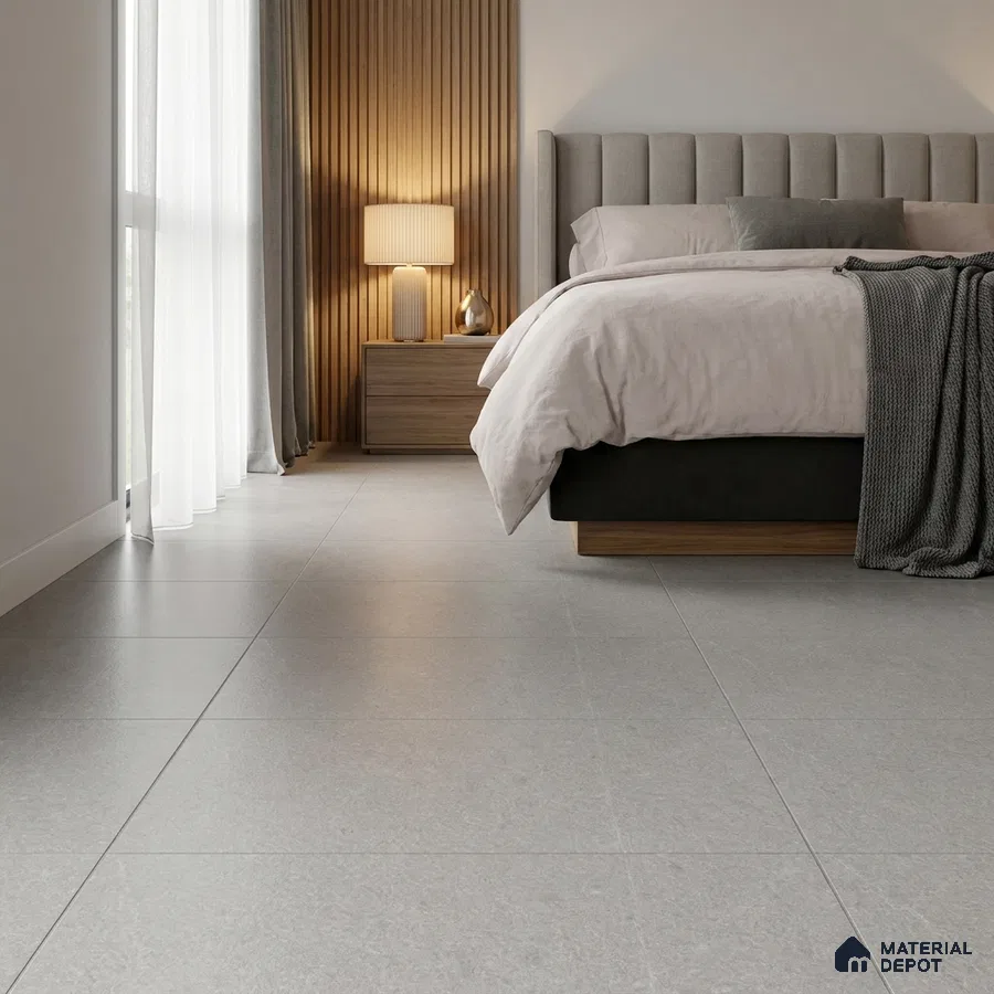 Modern Bedroom with Light Grey Stone-Look Floor Tile