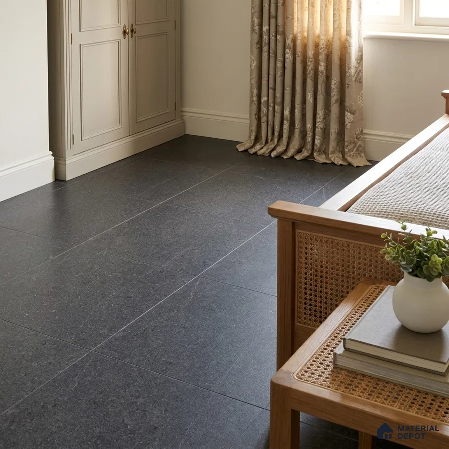 Traditional Bedroom with Charcoal Stone-Look Floor Tile