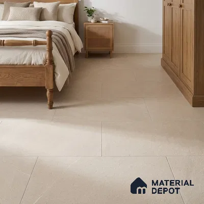 Traditional Bedroom with Cream Stone-Look Floor Tile