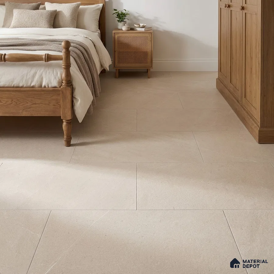 Traditional Bedroom with Cream Stone-Look Floor Tile