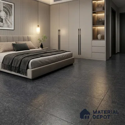 Modern Bedroom with Charcoal Grey Stone-Look Floor Tile