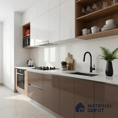 Modern kitchen with glossy taupe laminate, frosty white laminate, and white quartz countertop