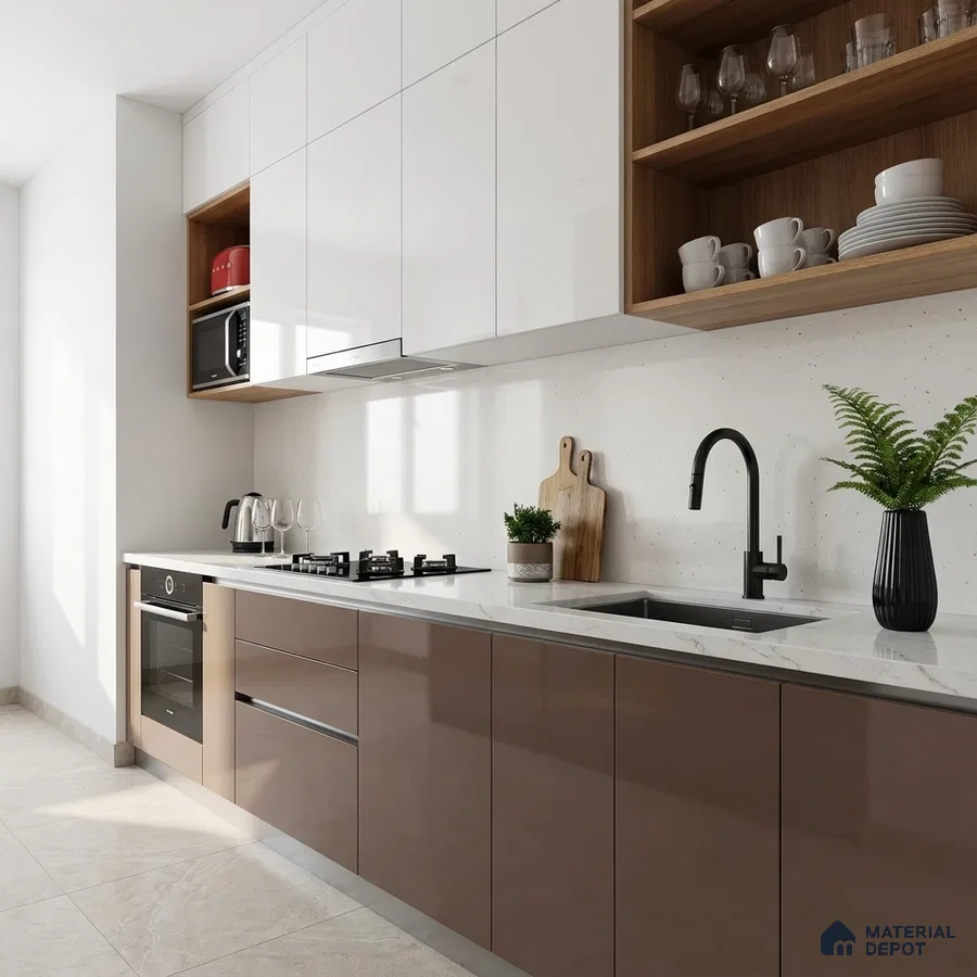 Modern kitchen with glossy taupe laminate, frosty white laminate, and white quartz countertop