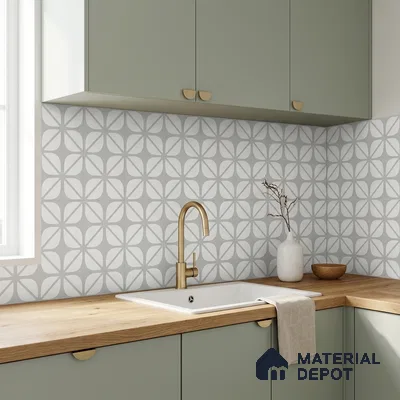 Scandinavian kitchen with sage green laminate cabinets, oak wood countertop, and geometric patterned backsplash tile