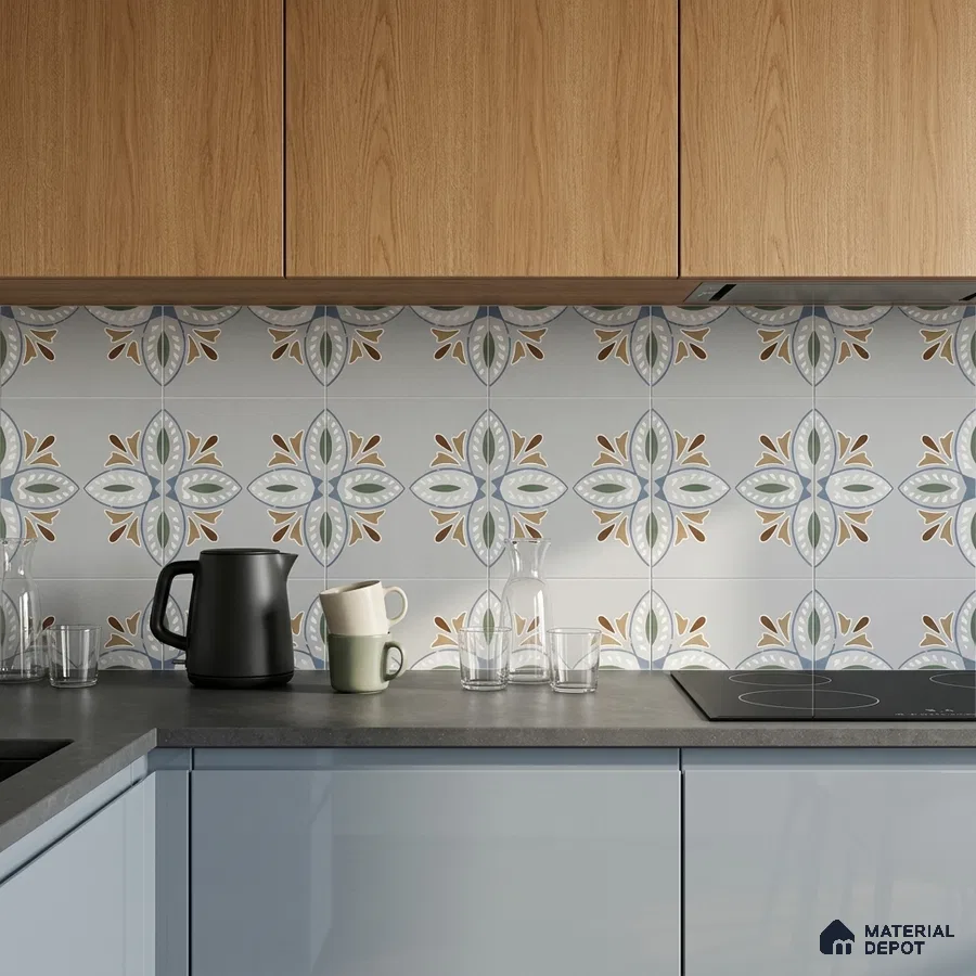 Modern kitchen with patterned moroccan backsplash tile, light wood laminate cabinets, and grey quartz countertop
