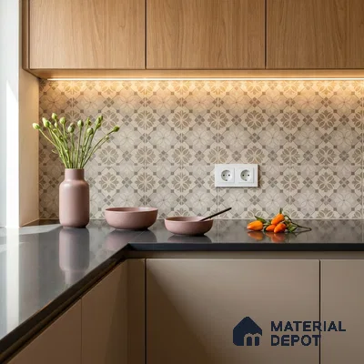 Modern kitchen with beige patterned backsplash tile, taupe laminate cabinets, and oak wood upper cabinets