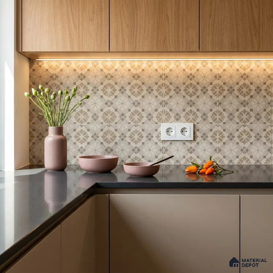 Modern kitchen with beige patterned backsplash tile, taupe laminate cabinets, and oak wood upper cabinets