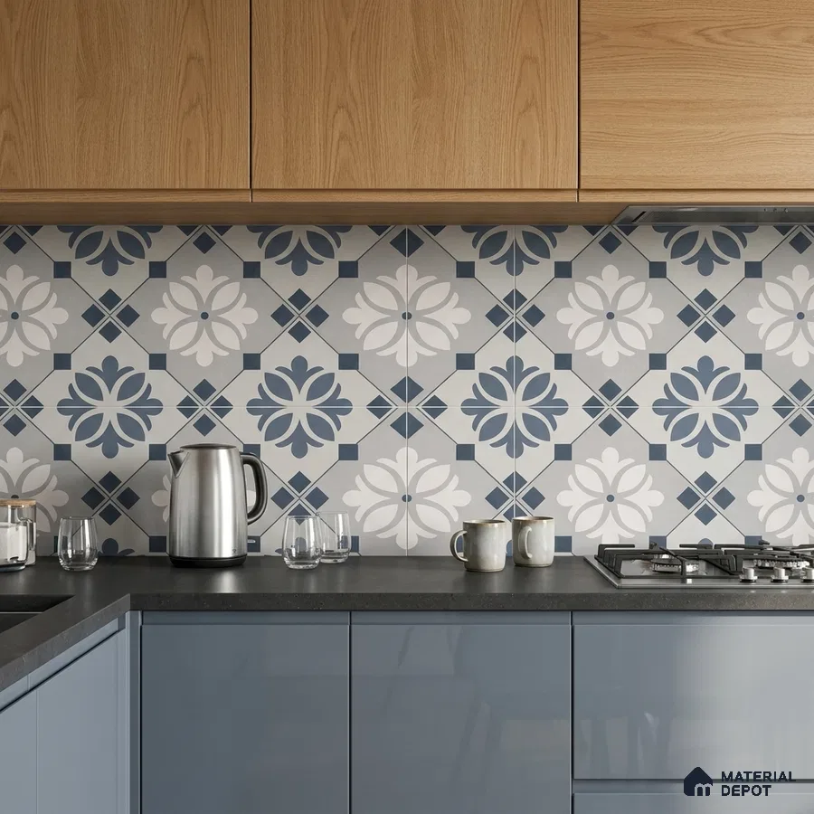 Modern kitchen with blue floral patterned backsplash tile, grey quartz countertop, and oak wood laminate cabinets