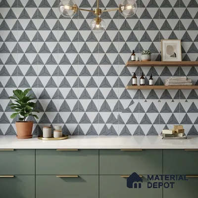 Modern kitchen with sage green laminate cabinets, geometric grey and white backsplash tiles, and white quartz countertop