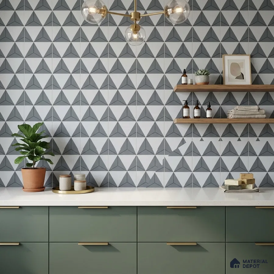 Modern kitchen with sage green laminate cabinets, geometric grey and white backsplash tiles, and white quartz countertop