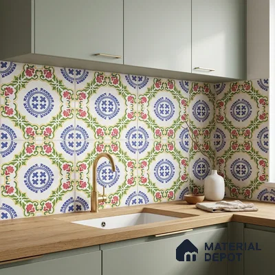 Mediterranean kitchen with patterned ceramic backsplash tile and sage green laminate cabinets