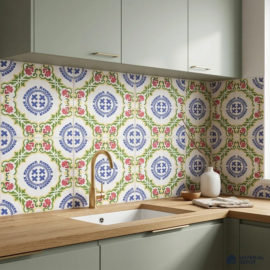 Mediterranean kitchen with patterned ceramic backsplash tile and sage green laminate cabinets