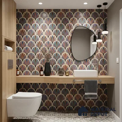 Art Deco bathroom with multicolor patterned wall tiles, light oak laminate vanity, and geometric floor tiles