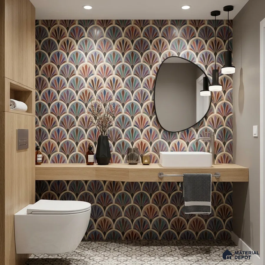 Art Deco bathroom with multicolor patterned wall tiles, light oak laminate vanity, and geometric floor tiles