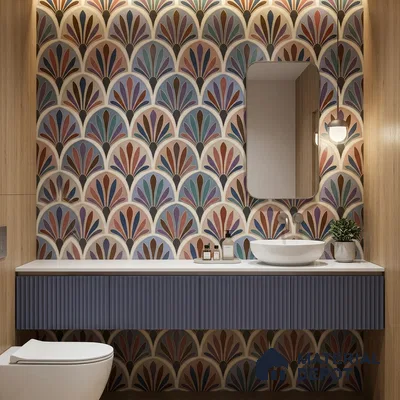 Art Deco bathroom with multicolor patterned wall tiles, fluted blue vanity, and wood laminate accents