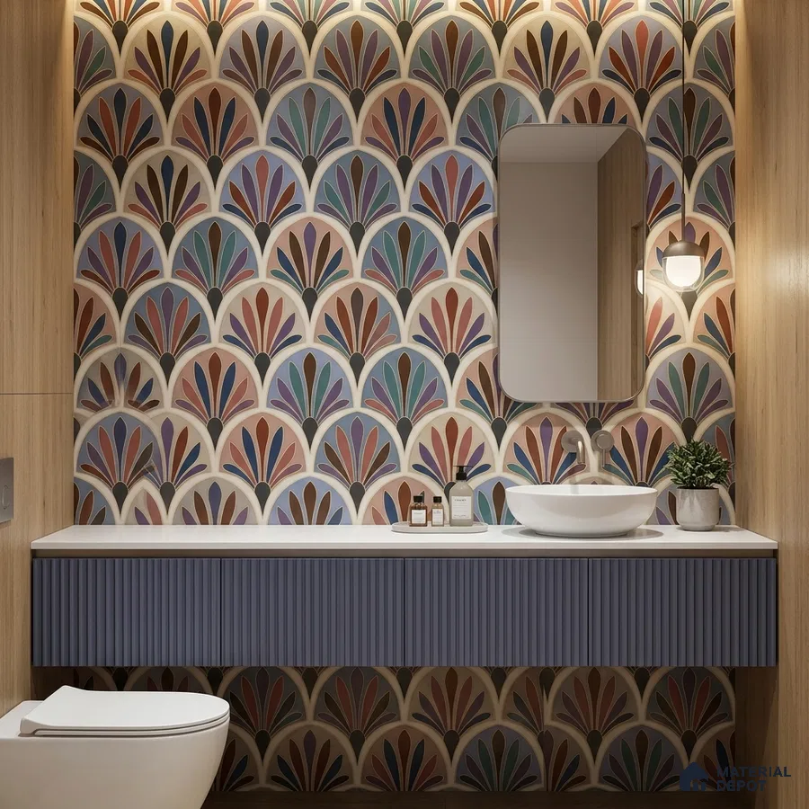 Art Deco bathroom with multicolor patterned wall tiles, fluted blue vanity, and wood laminate accents