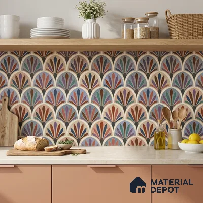 Eclectic kitchen with multicolor patterned backsplash tile and peach laminate cabinets