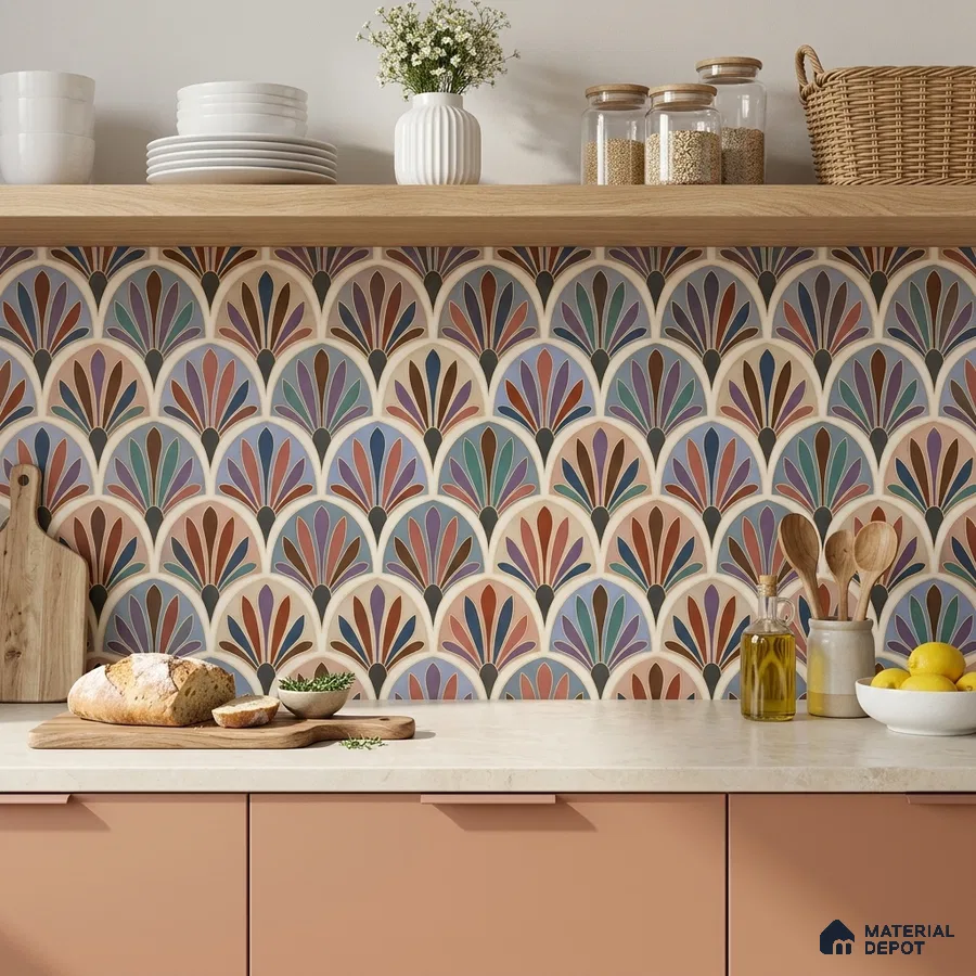 Eclectic kitchen with multicolor patterned backsplash tile and peach laminate cabinets