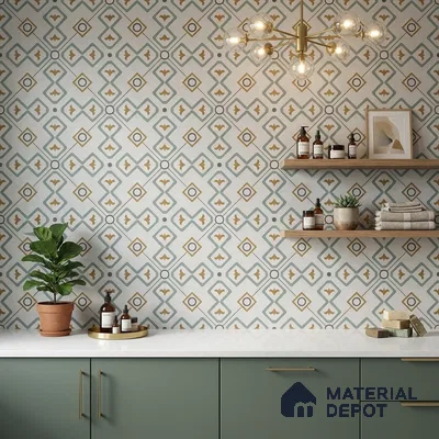 Modern bathroom with sage green laminate vanity, white quartz countertop, and geometric patterned wall tiles