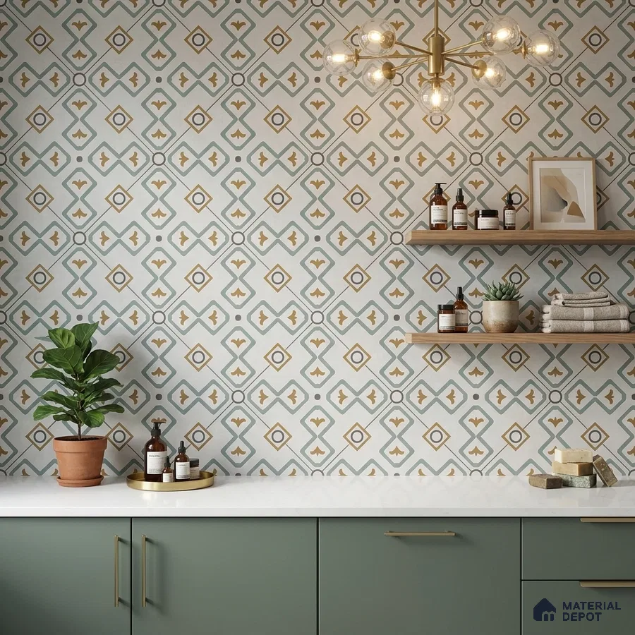 Modern bathroom with sage green laminate vanity, white quartz countertop, and geometric patterned wall tiles