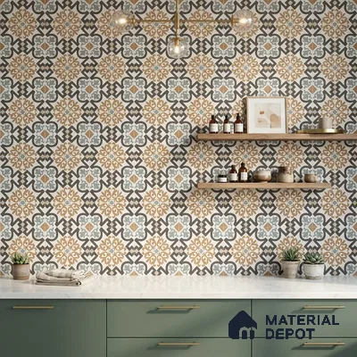 Mediterranean kitchen with patterned moroccan wall tiles, sage green laminate cabinets, and white marble countertop