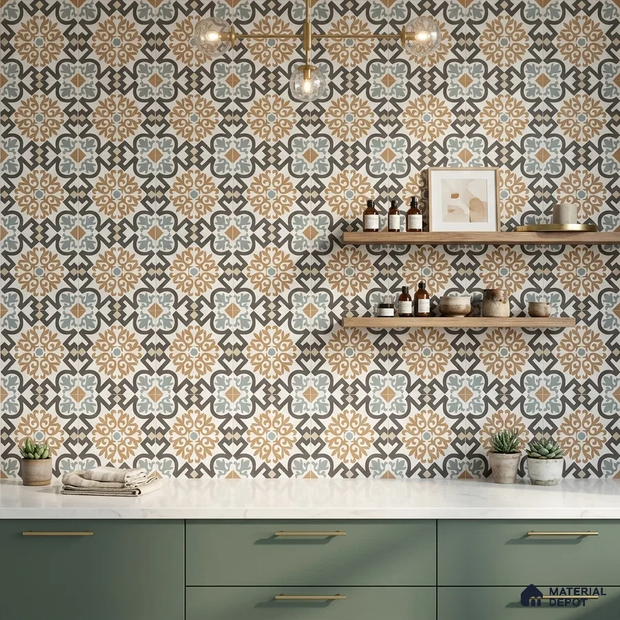 Mediterranean kitchen with patterned moroccan wall tiles, sage green laminate cabinets, and white marble countertop