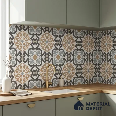 Modern kitchen with sage green laminate cabinets, oak wood countertop, and patterned moroccan backsplash tiles