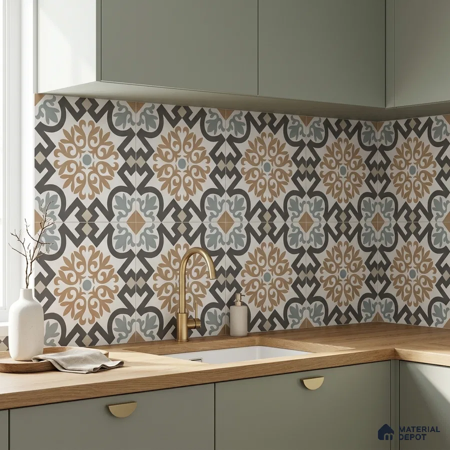 Modern kitchen with sage green laminate cabinets, oak wood countertop, and patterned moroccan backsplash tiles