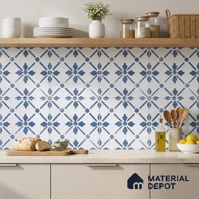 Modern kitchen with blue and white patterned backsplash tile and beige quartz countertop