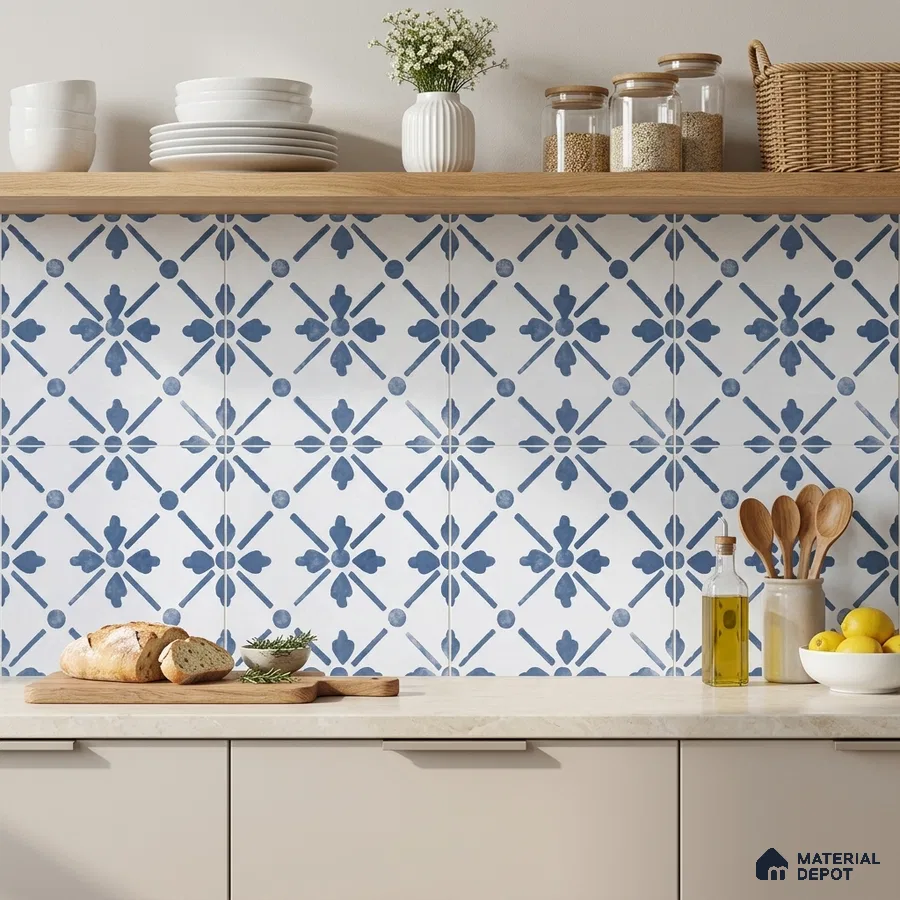 Modern kitchen with blue and white patterned backsplash tile and beige quartz countertop