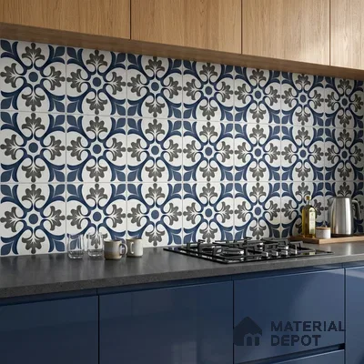 Modern kitchen with blue floral patterned backsplash tile, navy blue laminate cabinets, and oak wood laminate overheads