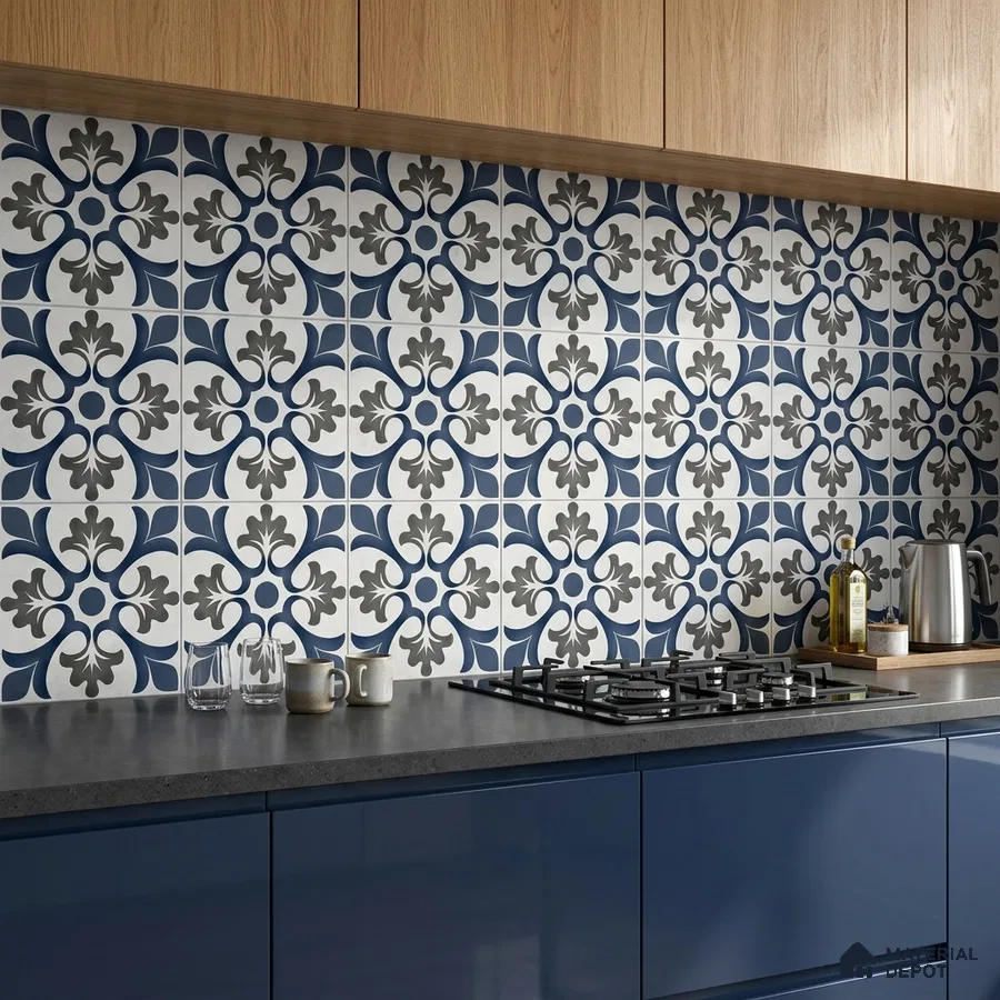 Modern kitchen with blue floral patterned backsplash tile, navy blue laminate cabinets, and oak wood laminate overheads
