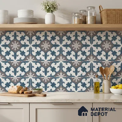 Modern kitchen with blue and grey moroccan patterned backsplash tiles and beige quartz countertop