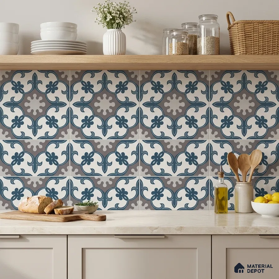 Modern kitchen with blue and grey moroccan patterned backsplash tiles and beige quartz countertop