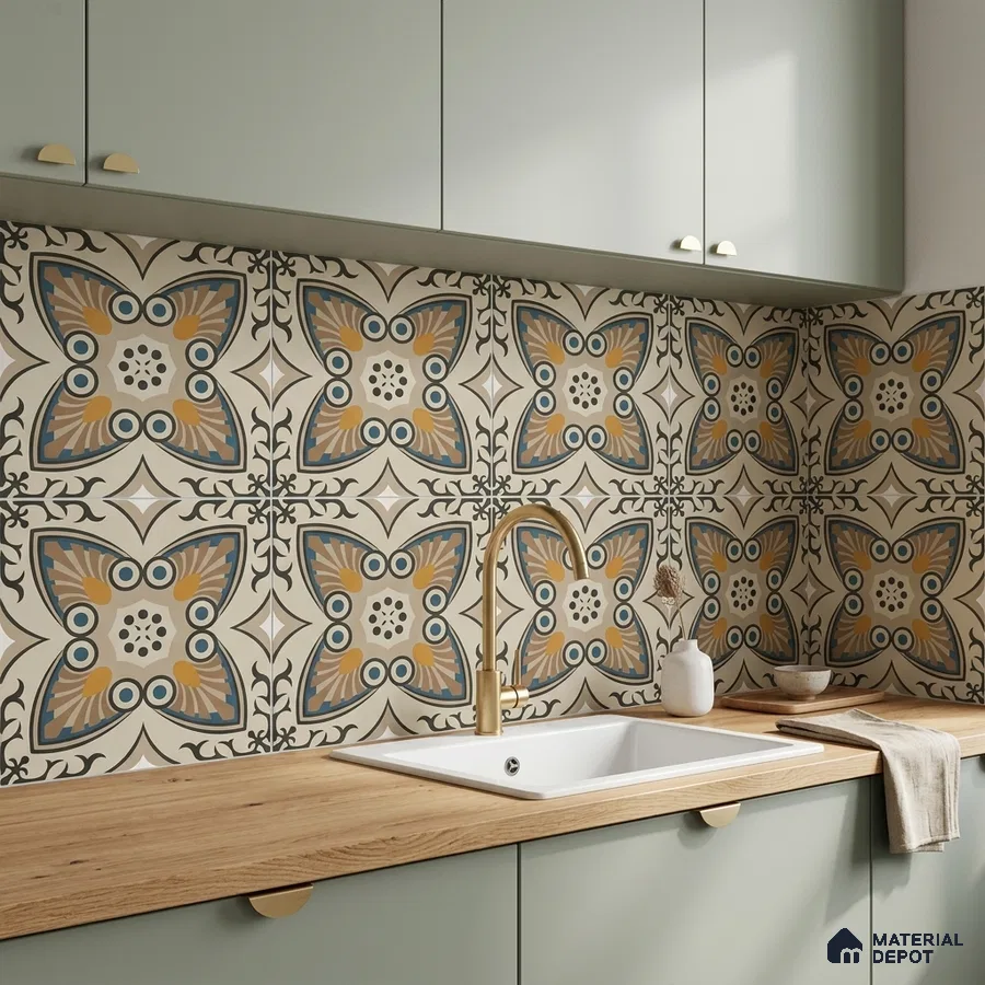 Mediterranean kitchen with patterned moroccan backsplash tile and sage green laminate cabinets