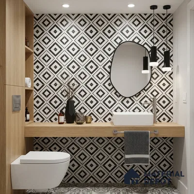 Modern bathroom with geometric black-and-white wall tiles and light oak laminate vanity