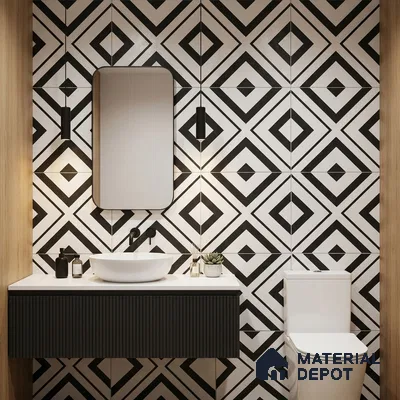 Modern bathroom with black-and-white geometric wall tiles and fluted black vanity