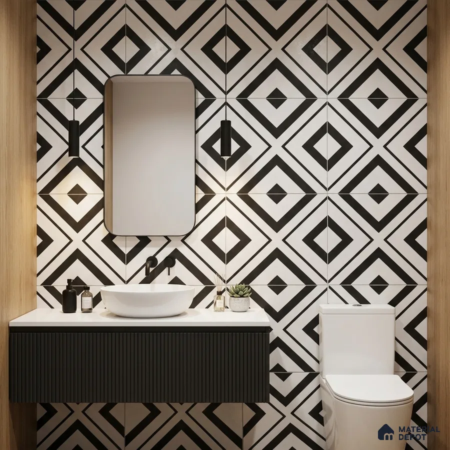 Modern bathroom with black-and-white geometric wall tiles and fluted black vanity
