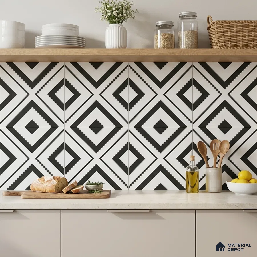 Modern kitchen with geometric black-and-white backsplash tiles and light beige cabinets