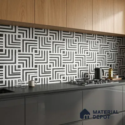 Modern kitchen with geometric black-and-white backsplash tile, grey matte cabinets, and light oak laminate overheads