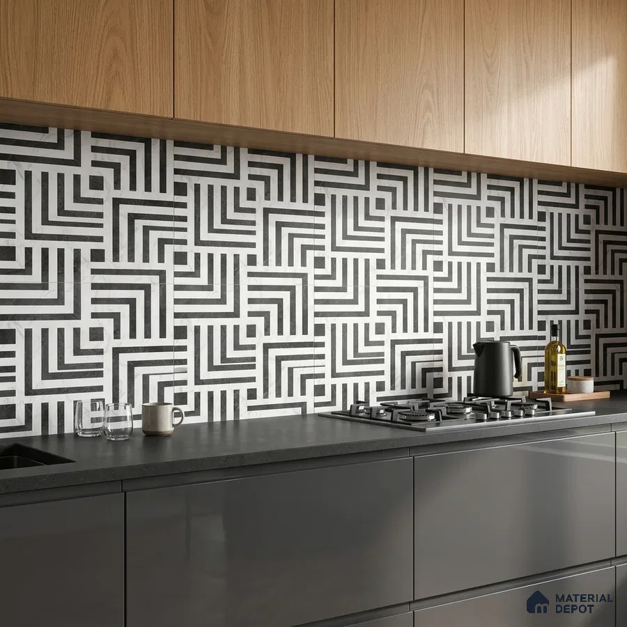 Modern kitchen with geometric black-and-white backsplash tile, grey matte cabinets, and light oak laminate overheads