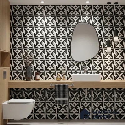 Modern bathroom with black-and-white geometric patterned wall tiles and light oak laminate vanity