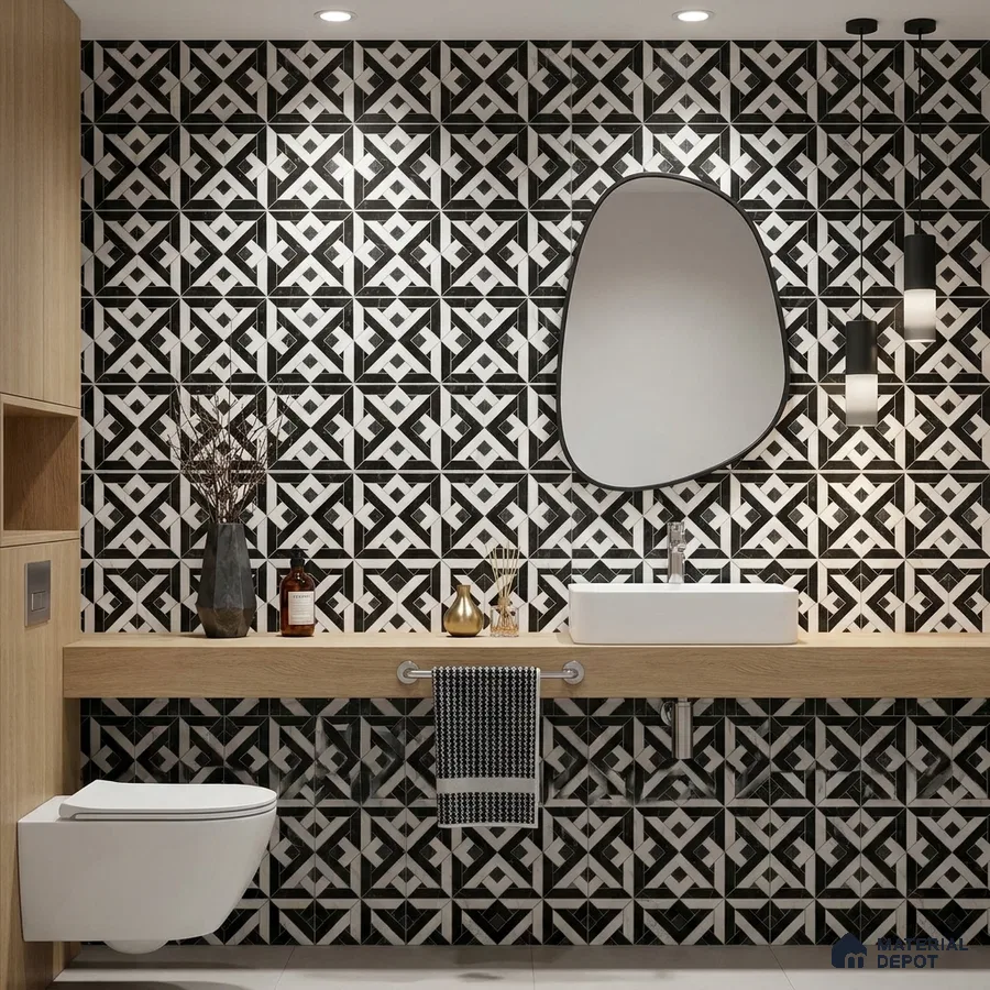 Modern bathroom with black-and-white geometric patterned wall tiles and light oak laminate vanity