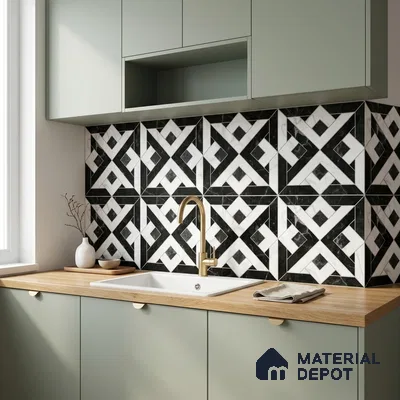 Modern kitchen with sage green laminate cabinets, geometric black-and-white backsplash tiles, and wood countertop