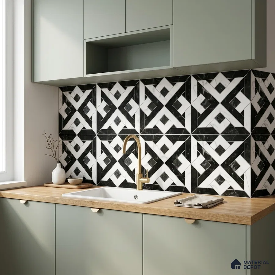 Modern kitchen with sage green laminate cabinets, geometric black-and-white backsplash tiles, and wood countertop