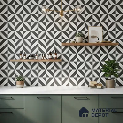 Modern kitchen with sage green laminate cabinets, geometric black-and-white wall tiles, and white quartz countertop